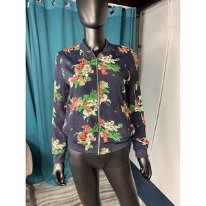 Zara Basic Floral Bomber Jacket Size XS Navy Blue Orange Green Flowers‎